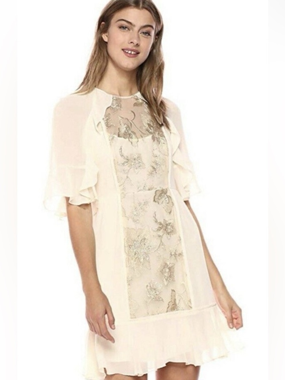 BCBGMaxAzria Champagne Embroidered Lace Mini Dress